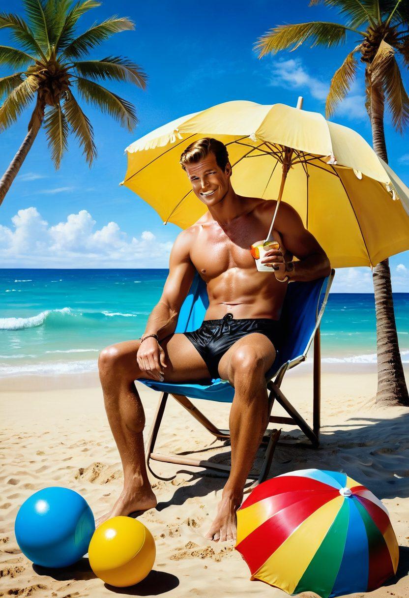 A classic vintage beach scene featuring a stylish male figure in swimwear reminiscent of Roger Moore's era, lounging under a colorful beach umbrella. Surround him with retro beach toys, a vibrant ocean backdrop, and palm trees swaying gently in the breeze. Include elements of luxury and sophistication to reflect Moore's iconic roles, with a cocktail in hand. Bright sun rays filtering through the clouds, adding warmth to the scene. super-realistic. vibrant colors. summer vibes.